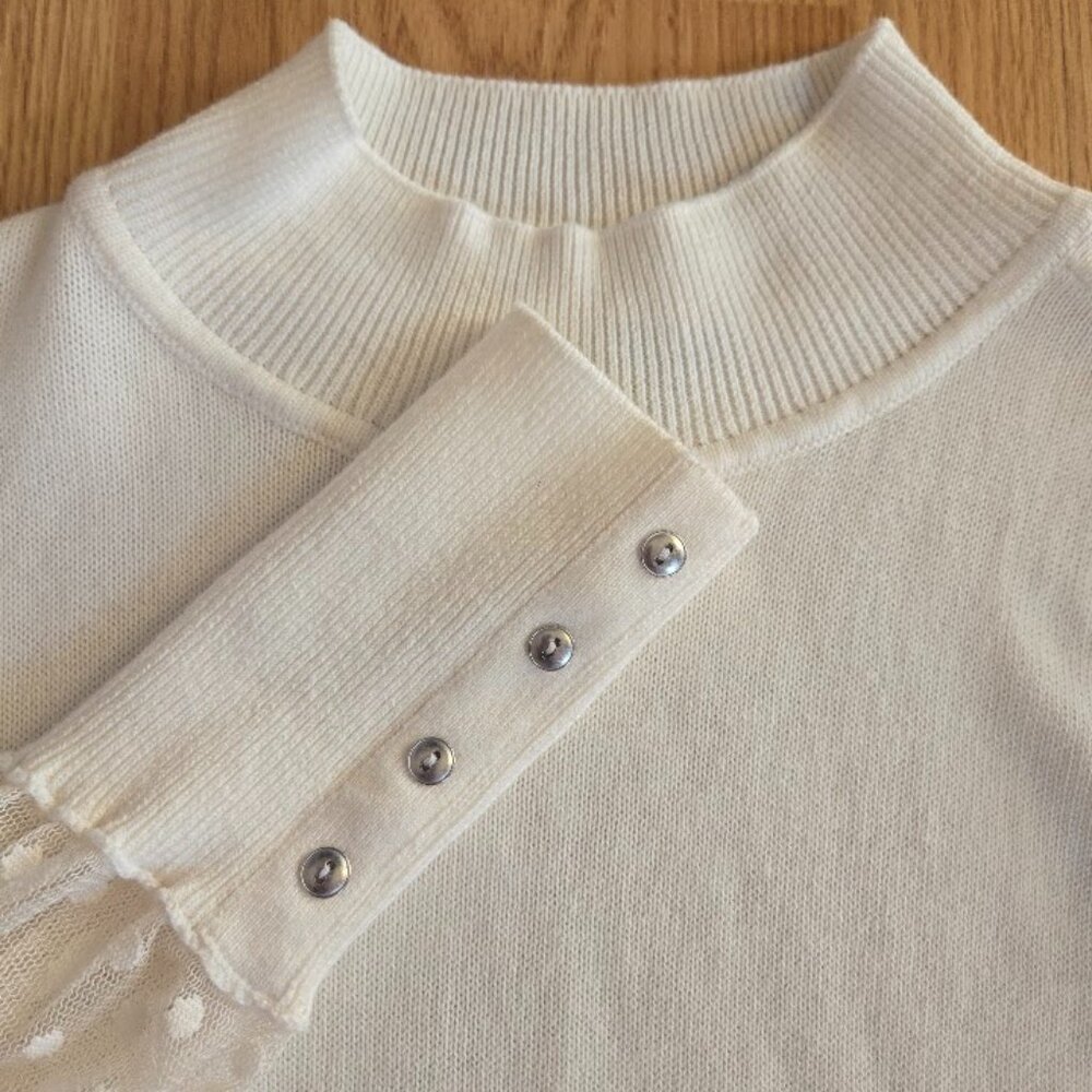 Talbots Ivory Sweater with Sheer‎ Dot Sleeves, Size Large